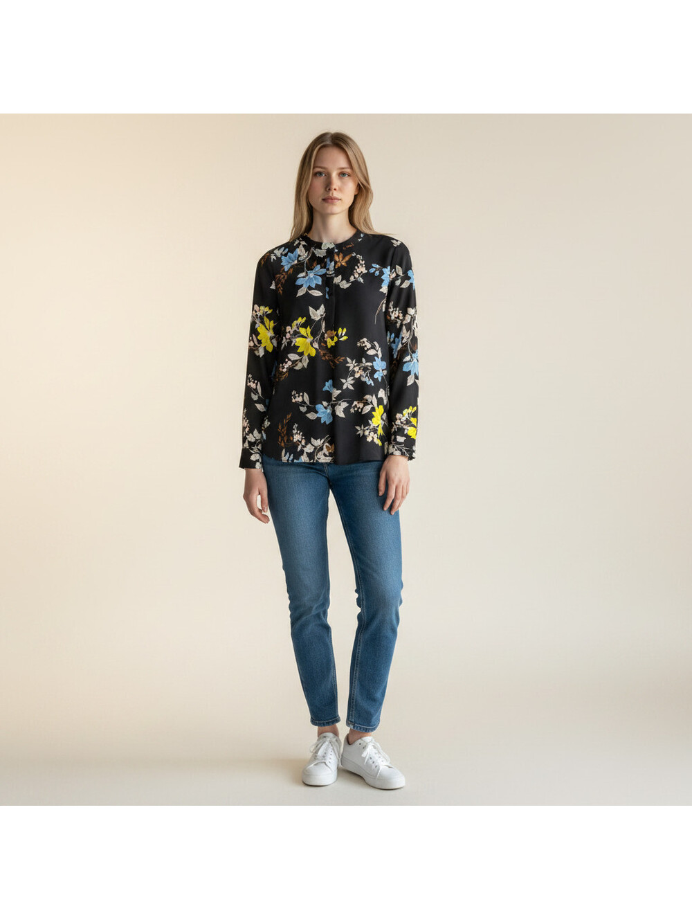 Apt. 9 Blouse Women S Small Black Floral Long Sleeve Crew Neck Casual Button
